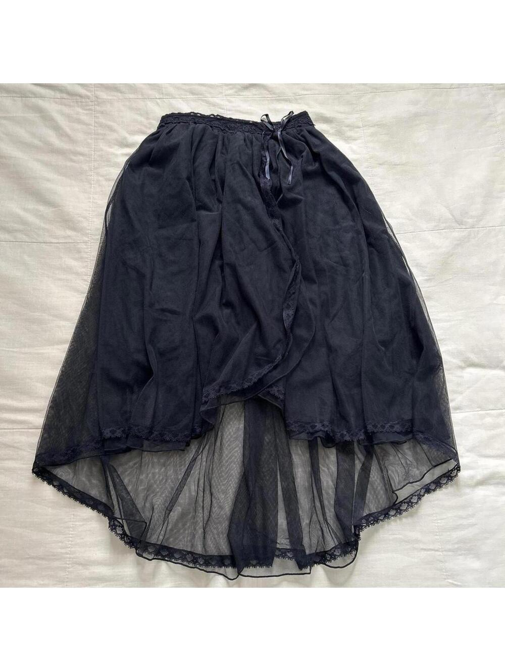 Axes Femme Navy Mesh Overlay Lace Trim Ribbon Bow Midi Skirt Medium